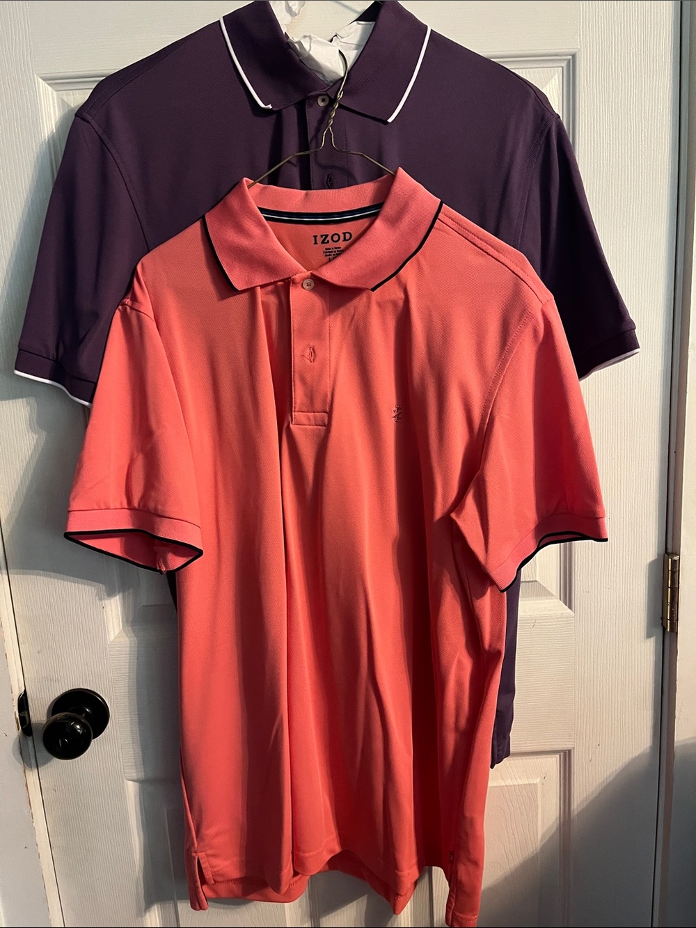 Izod Men's Coral Polo with Black Contrast Trim, Izod Purple with White Trim
